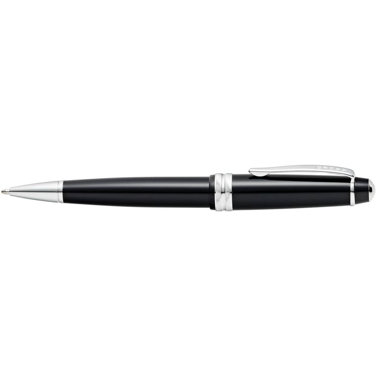 A sleek black polished resin ballpoint pen with silver accents and a clip, featuring a logo.