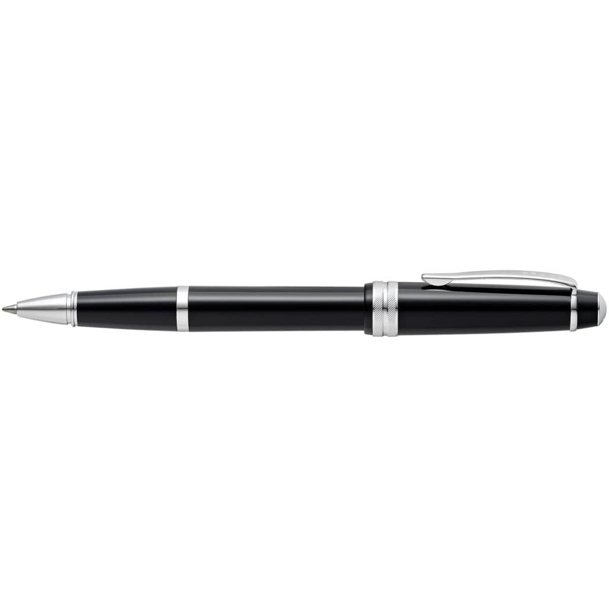 A black polished resin pen with silver accents and a clip, featuring a logo.