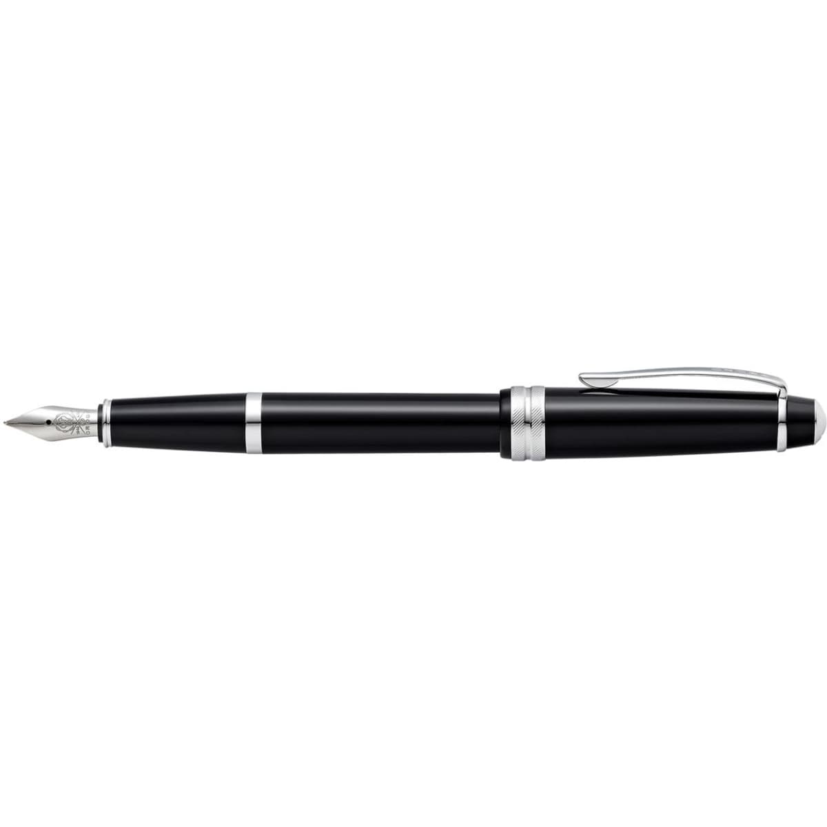 A fountain pen in polished black resin with silver accents and a decorative clip.