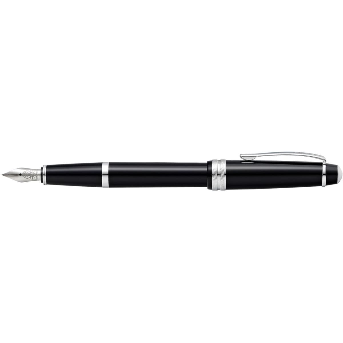 A fountain pen in polished black resin with silver accents and a clip. It features a finely crafted nib.