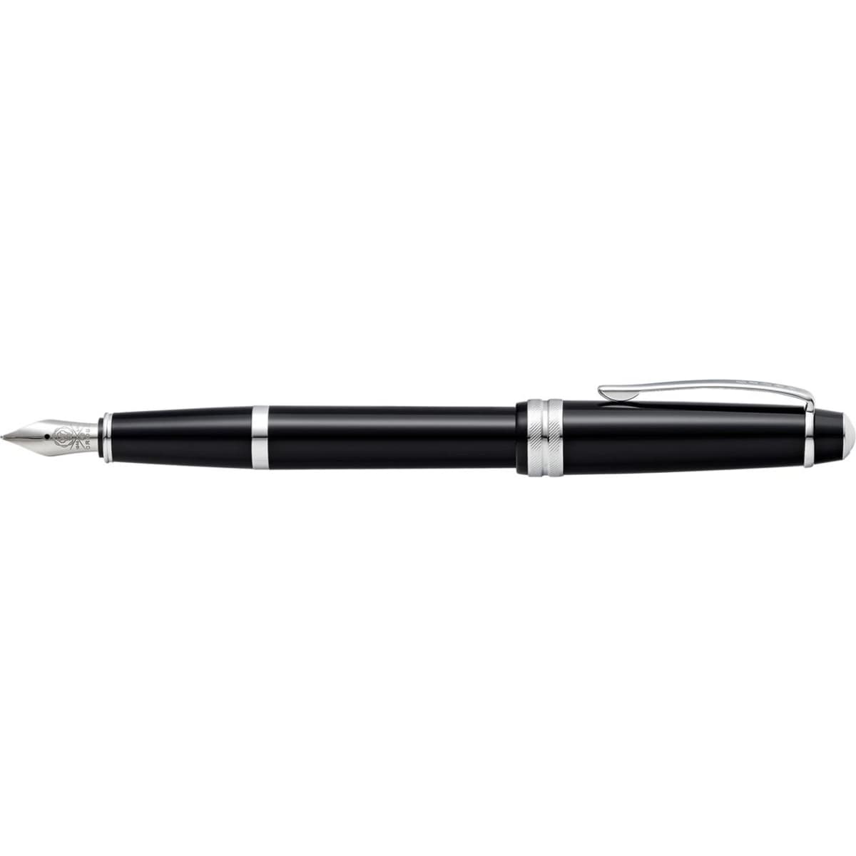 A fountain pen in polished black resin with silver accents and a clip, featuring a logo on the side.
