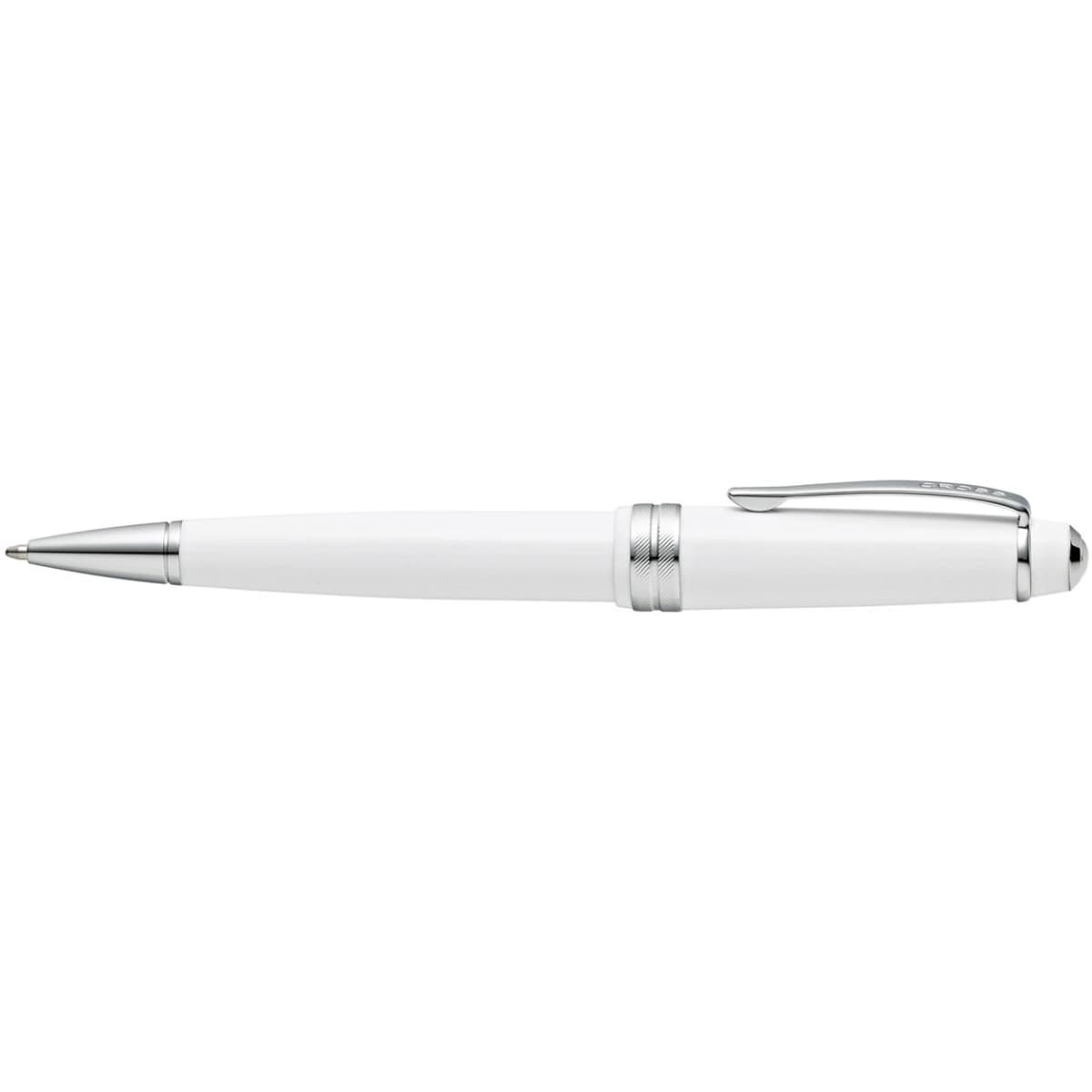 A polished white resin ballpoint pen with silver accents and a clip. It features a sleek design and a logo.