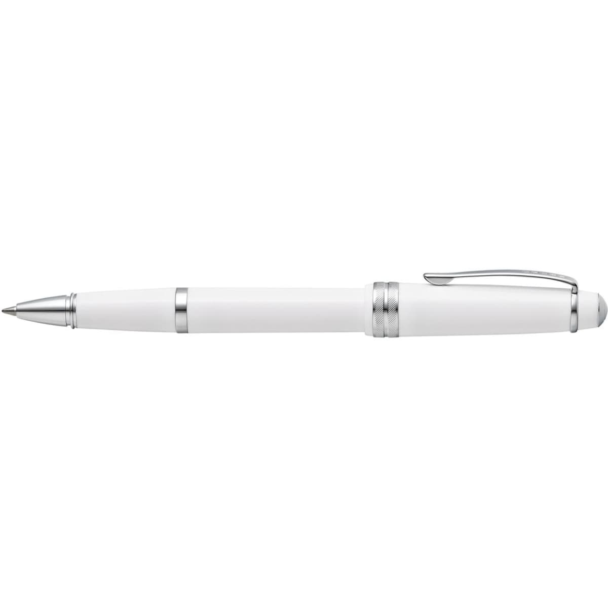 A white polished resin pen with silver accents and a clip. It features a sleek design and a logo.