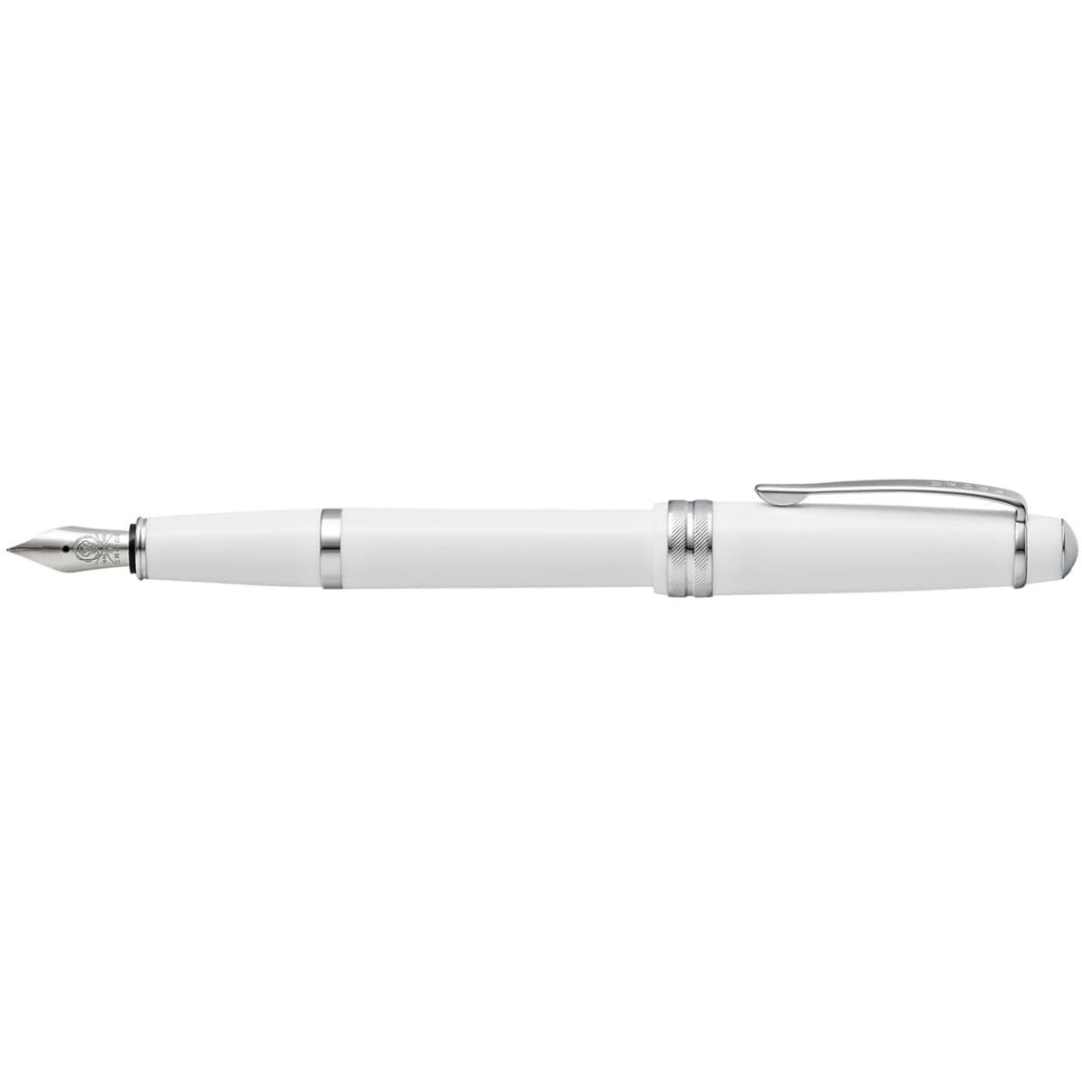 A fountain pen featuring a polished white resin body and silver accents, with a nib at one end.