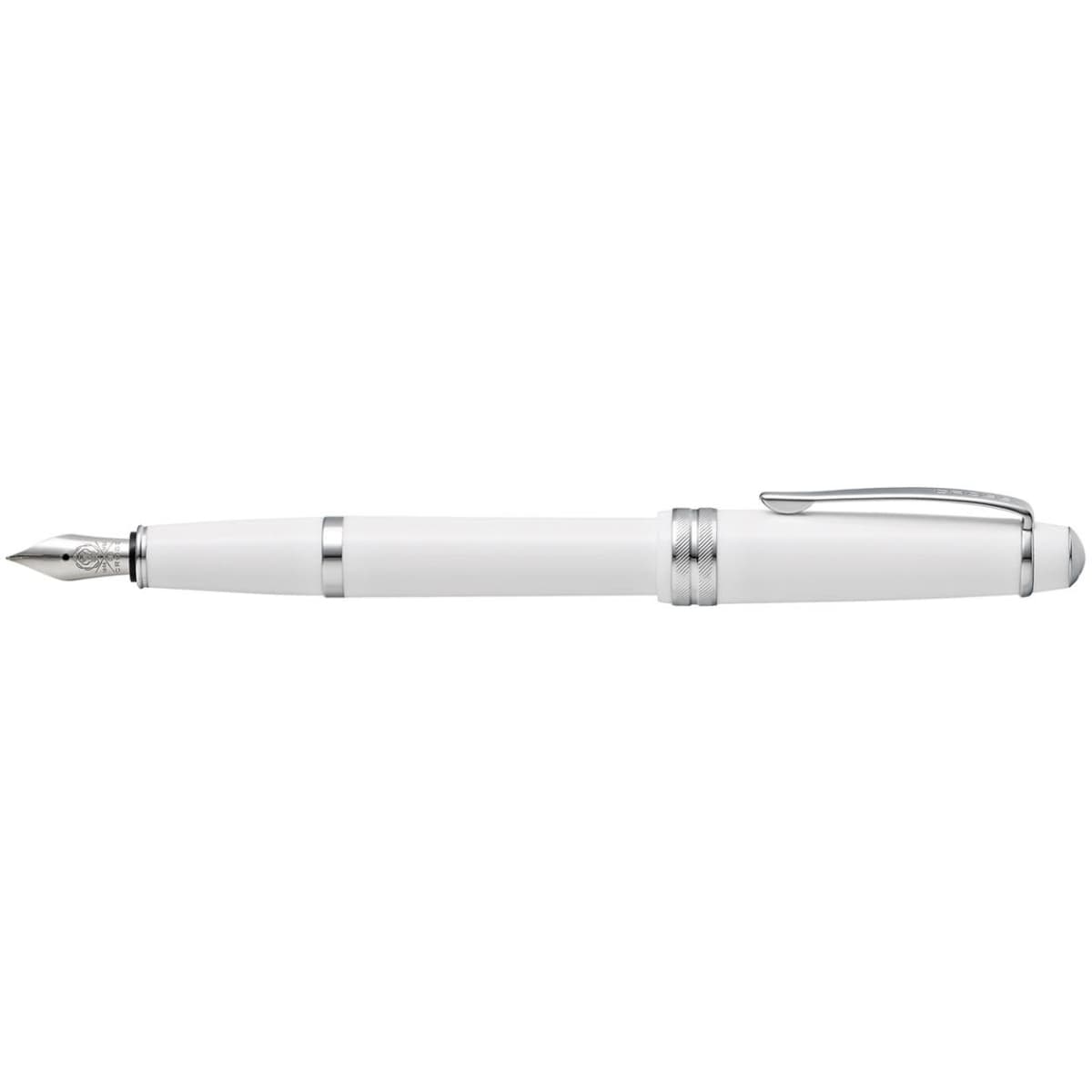 A fountain pen in polished white resin with silver accents and a pointed nib, featuring a clip and branding.