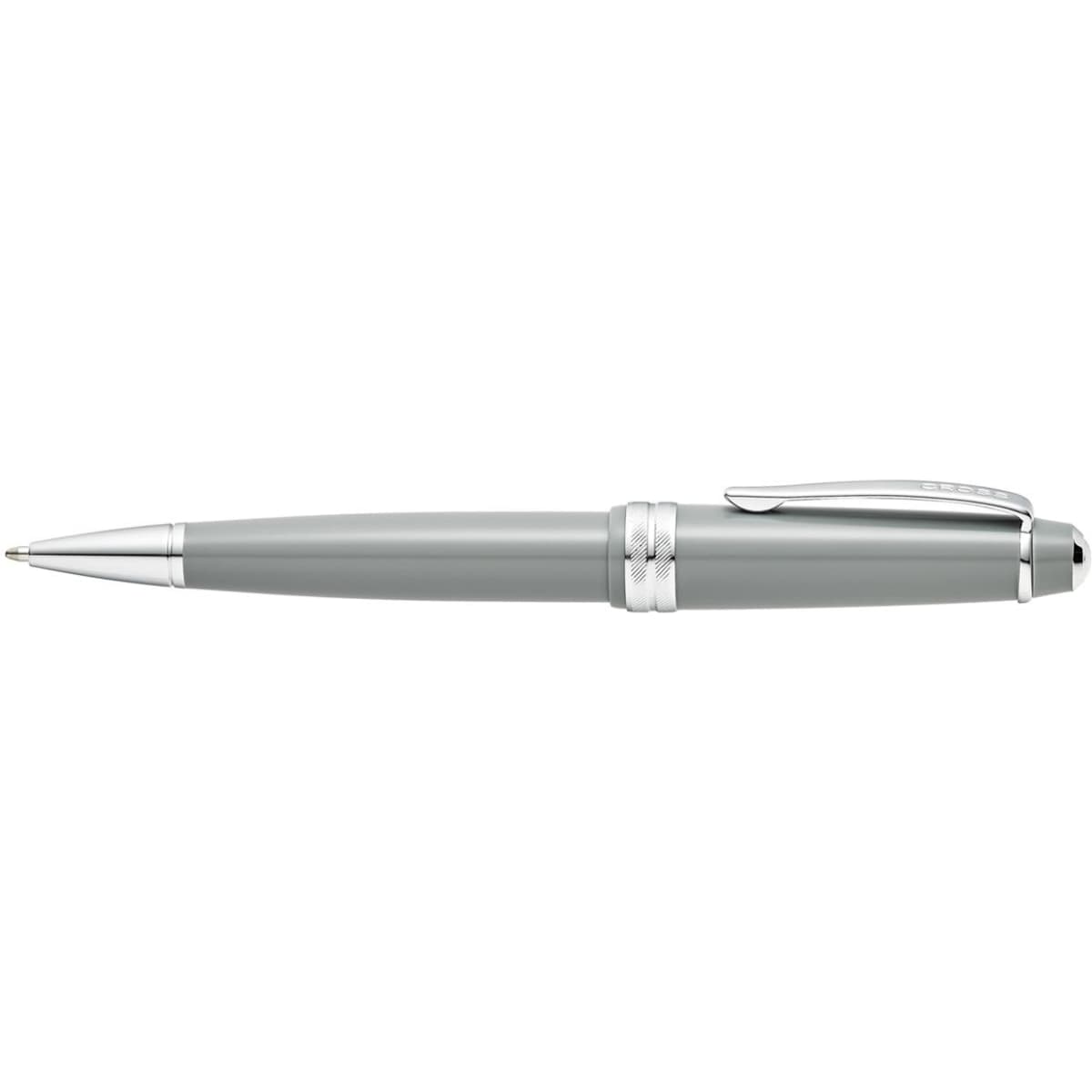 A pen in light grey polished resin with silver accents and a clip, featuring a branded logo.