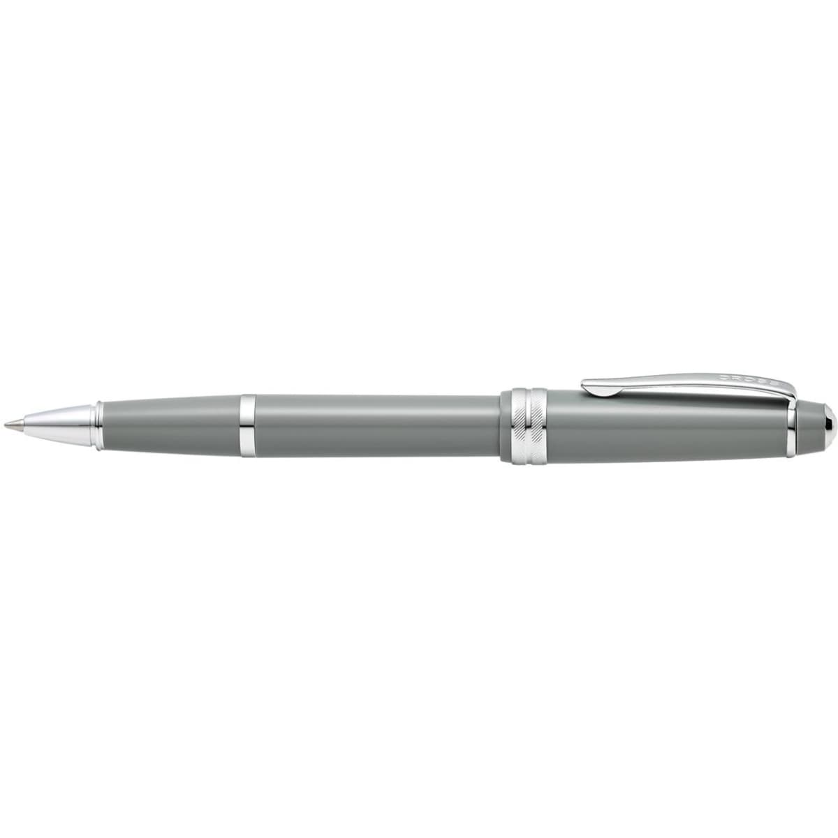 A pen in polished light grey resin with silver accents and a clip, showcasing a sleek design.
