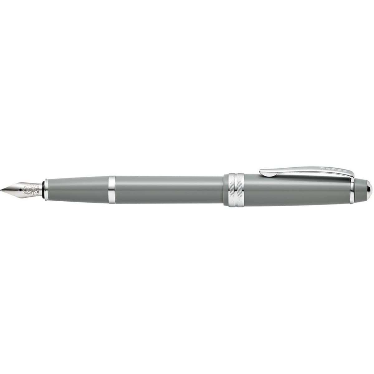 A fountain pen in light grey polished resin with silver accents and a sleek design. Features a logo on the clip.