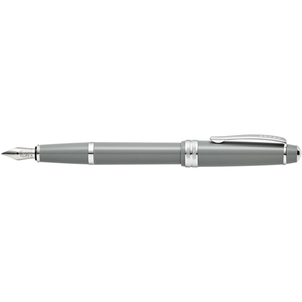 A fountain pen in light grey polished resin with silver accents and a clip. It features a logo on the body.