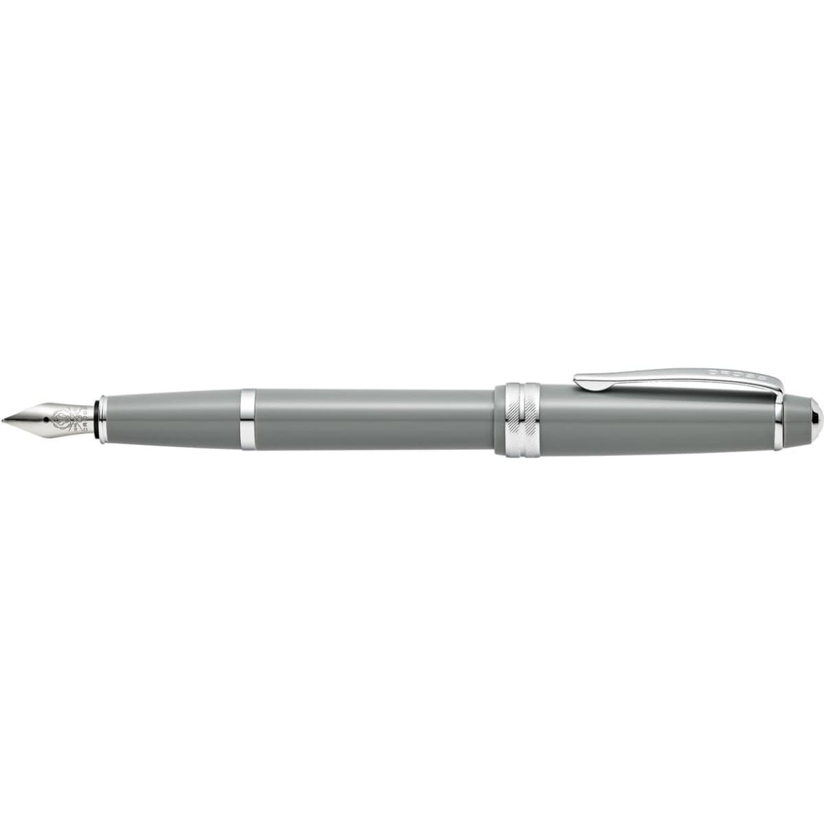 A fountain pen in light grey polished resin with silver accents and a clip, featuring a nib at the tip.