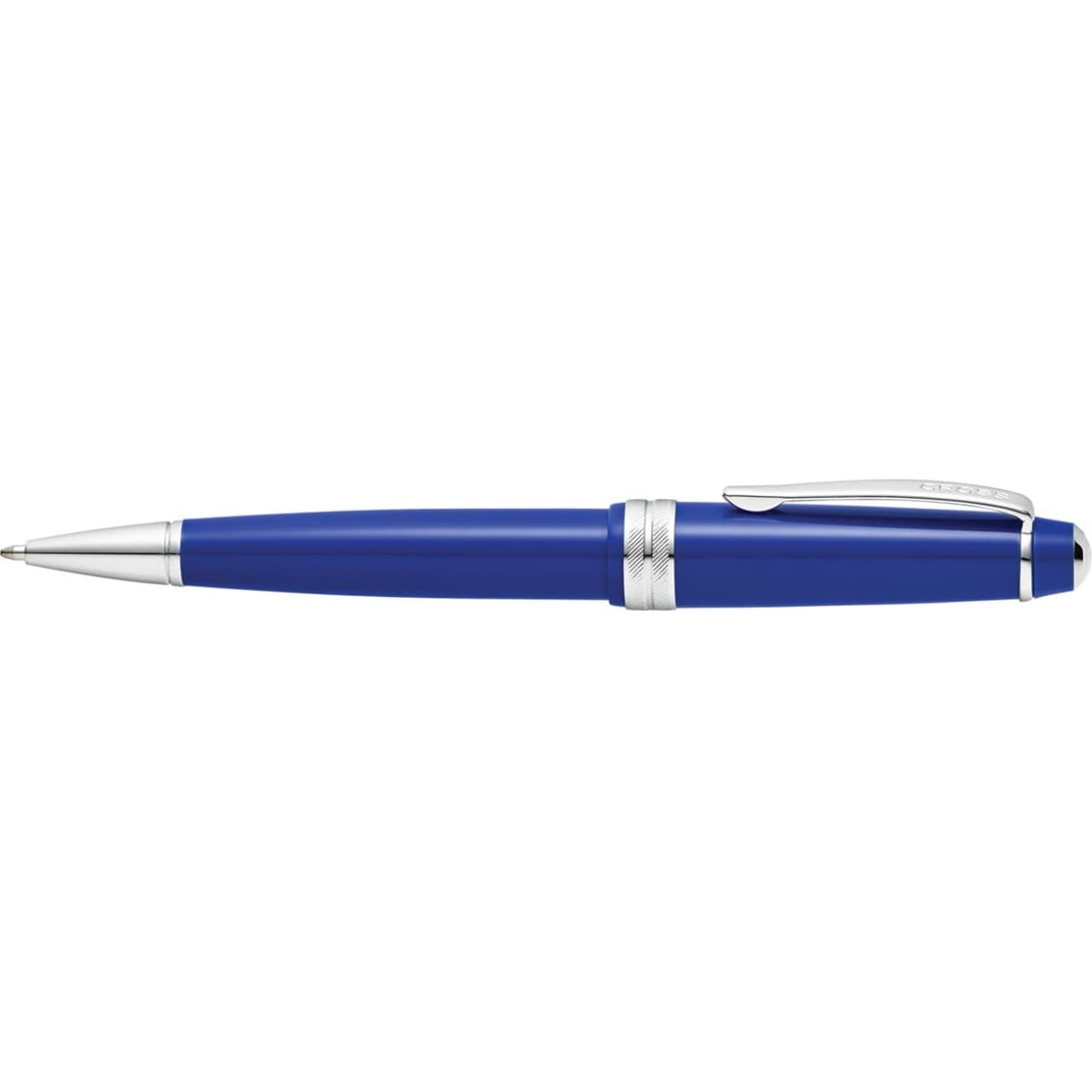 A pen in polished light blue resin with silver accents and a clip, featuring a logo.