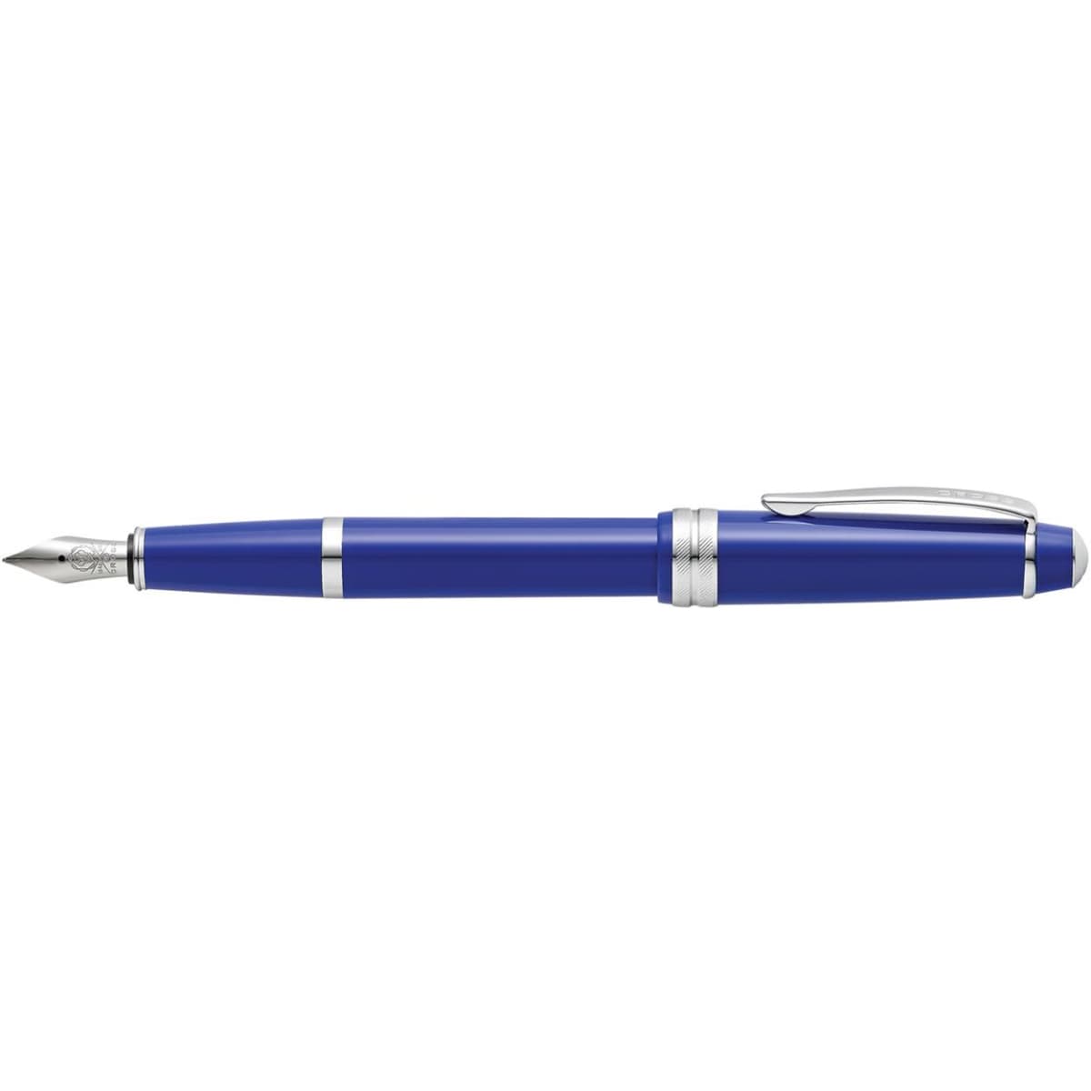 A fountain pen in polished light blue resin with silver accents and a clip. It features a pointed nib for writing.