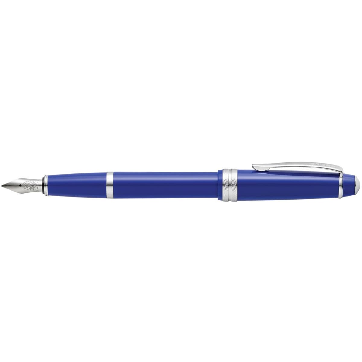 A fountain pen in polished light blue resin with silver accents and a nib, featuring a clip and sleek design.