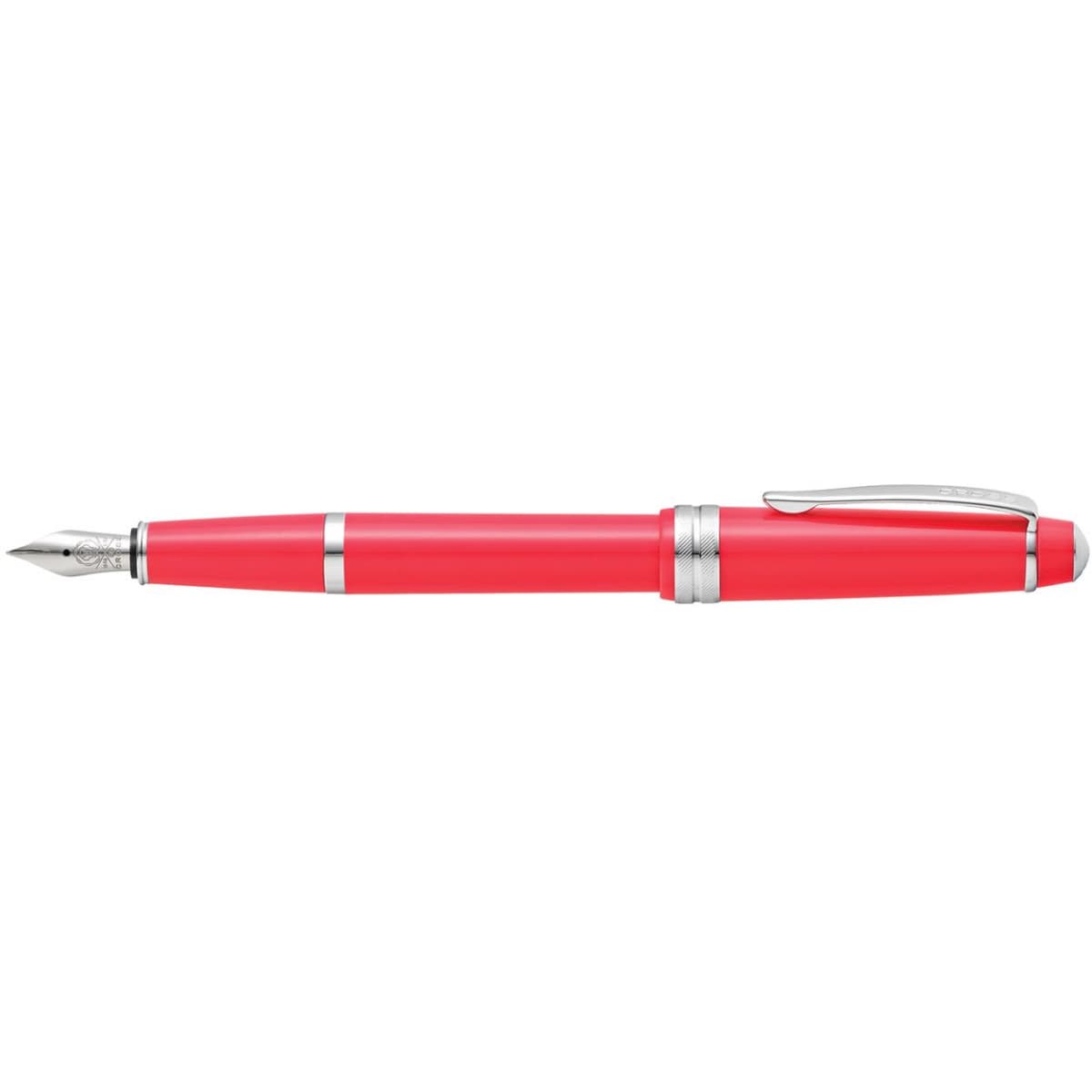 A fountain pen in light coral polished resin with silver accents and a decorative nib.