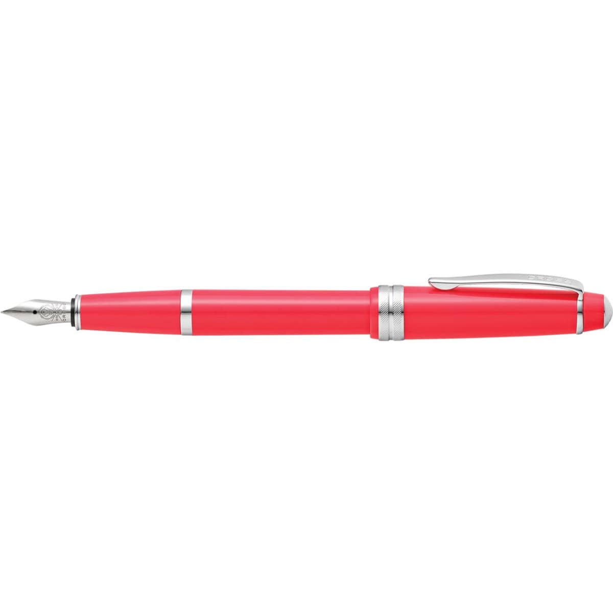 A fountain pen in light coral polished resin with silver accents and a branding logo featured on the clip.