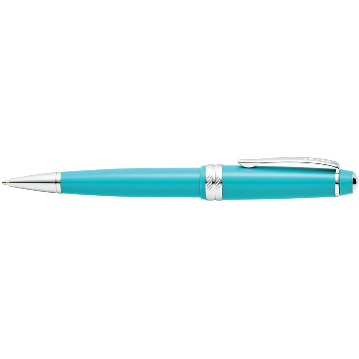 A ballpoint pen in polished light teal with silver accents and a clip, featuring a branding logo.