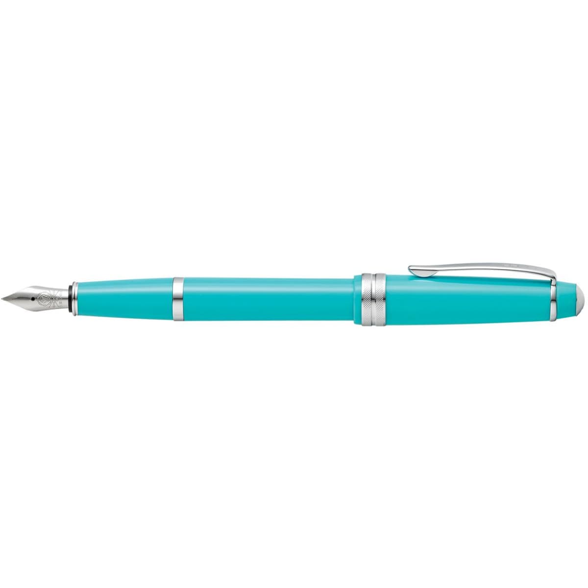 A fountain pen in polished light teal resin with silver accents and a nib, featuring a clip and branding.