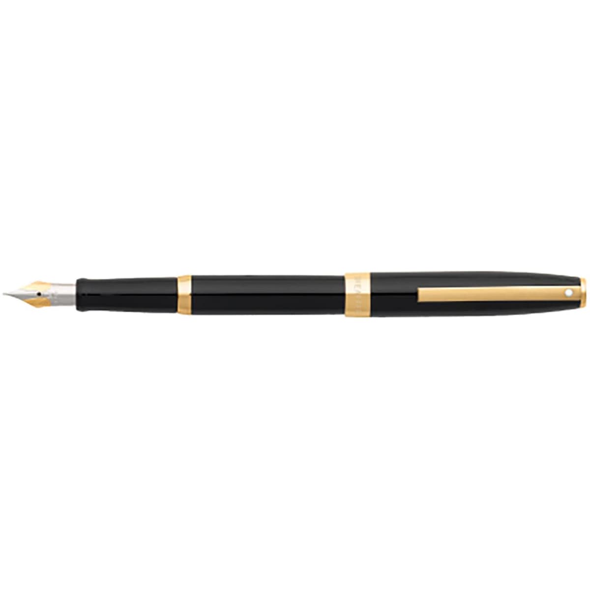 A fountain pen in gloss black with gold accents and a decorative clip, featuring a branded logo.