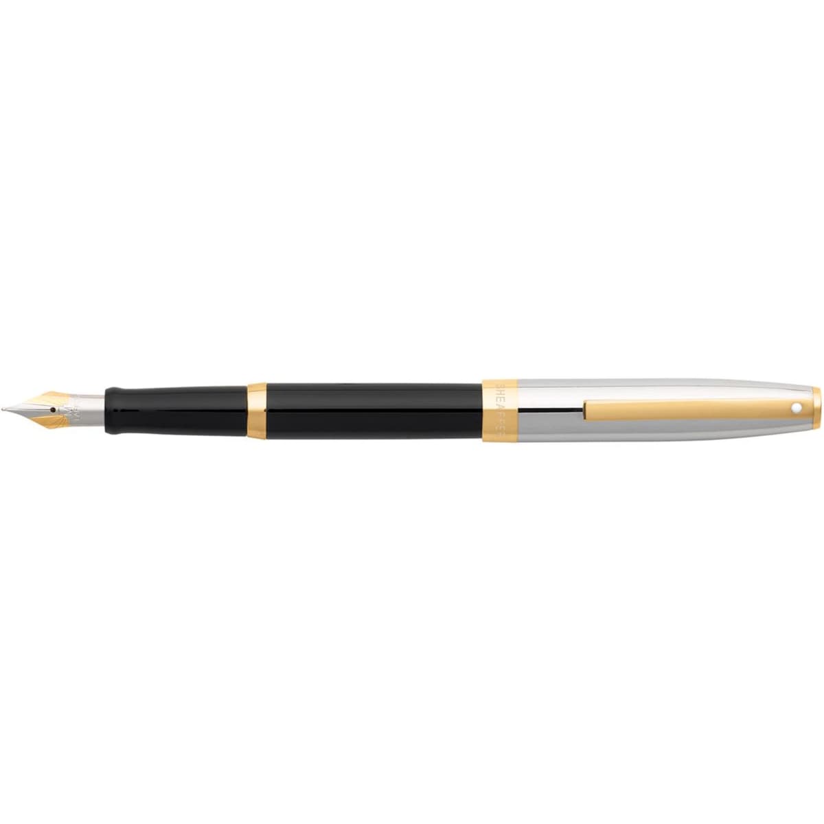 A fountain pen featuring a black barrel, chrome accents, and gold detailing, with a sleek design and a branding logo.
