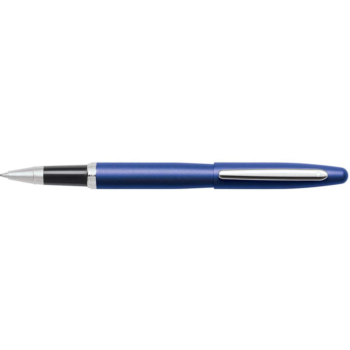 A blue and nickel rollerball pen with a sleek design and branding on the barrel.