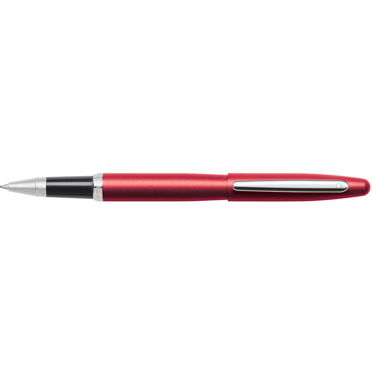 A red and nickel rollerball pen with a sleek design and a silver clip.