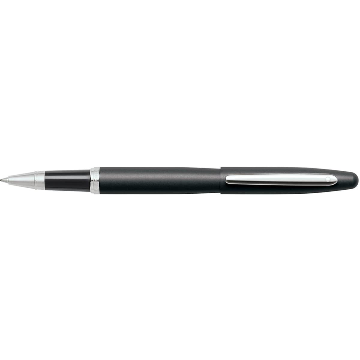 A sleek matte black pen with nickel accents and a clip, featuring a simple yet elegant design.