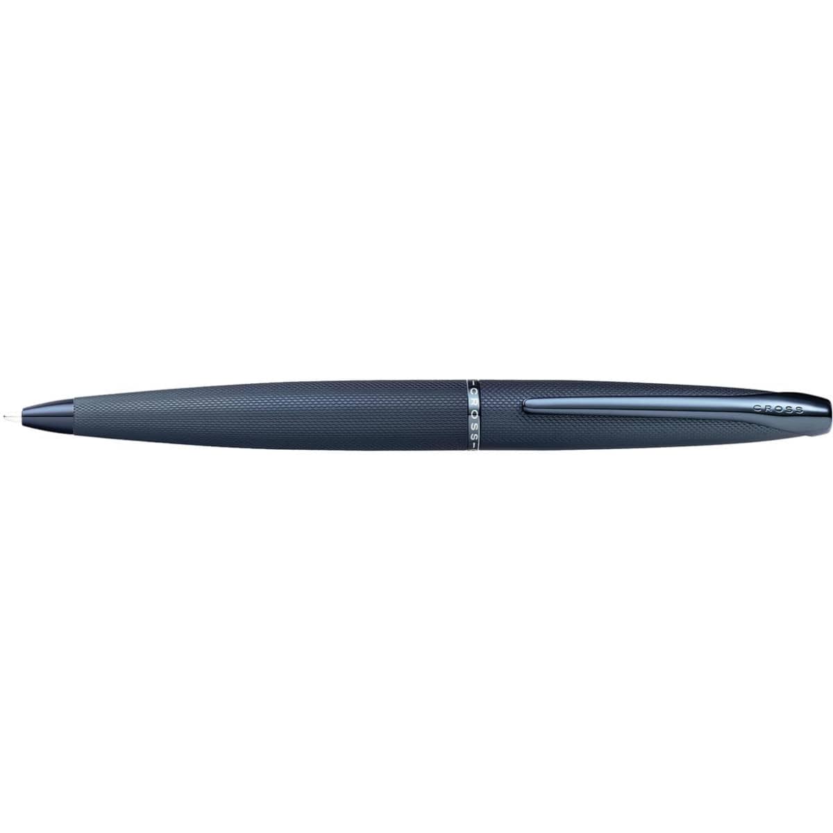 A pen in dark blue with a textured finish and a clip, featuring a logo on the side.