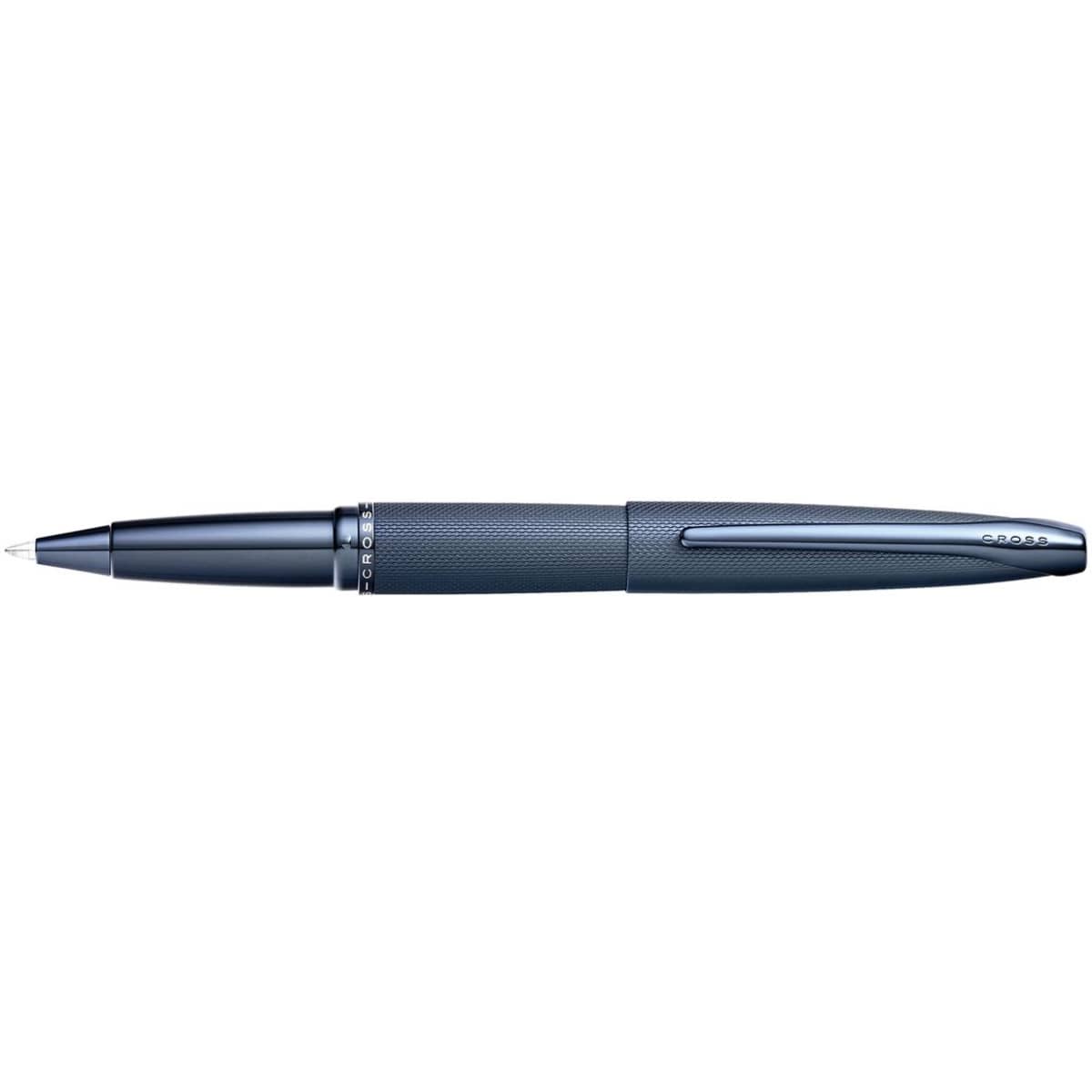 A dark blue pen with a textured grip and a sleek design. It features a branding logo.