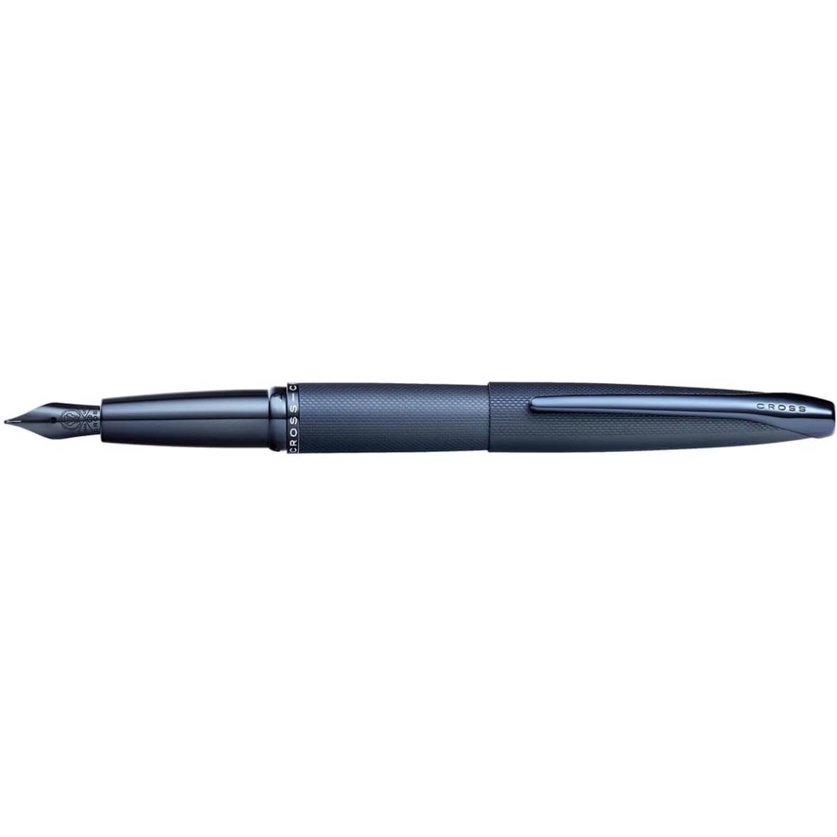 A fountain pen in dark blue featuring a textured grip and a glossy finish, with a logo on the barrel.