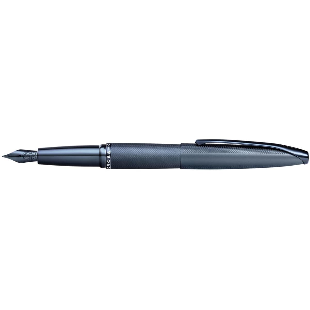 A fountain pen in dark blue and silver, featuring a textured grip and a clip, with a decorative branding element.