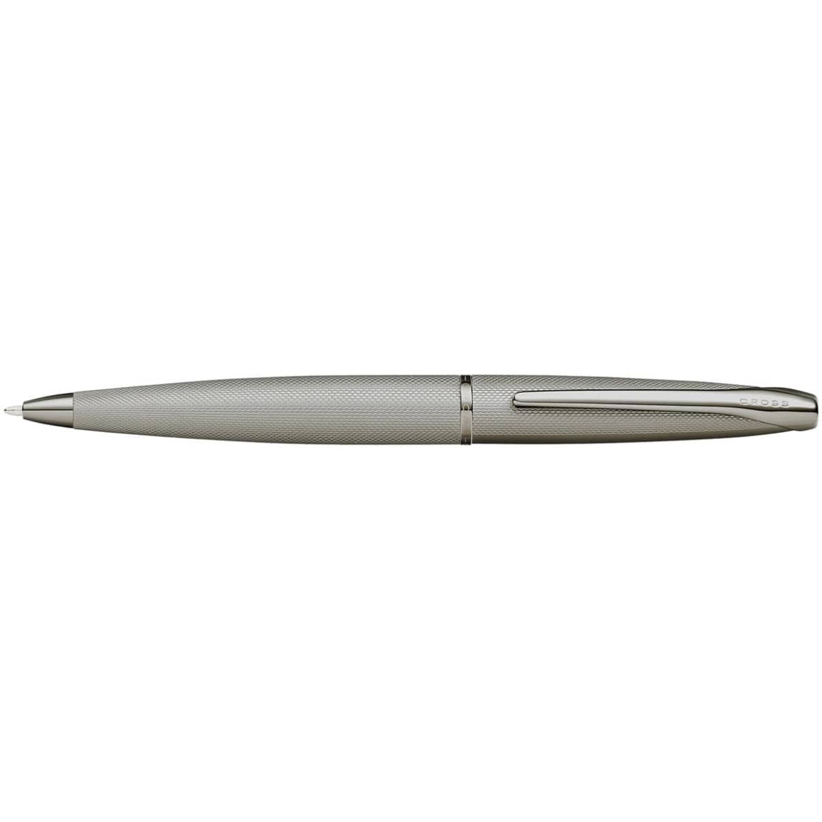 A pen in a sandblast titanium grey finish, featuring a textured surface and a sleek design. It has a logo on the side.