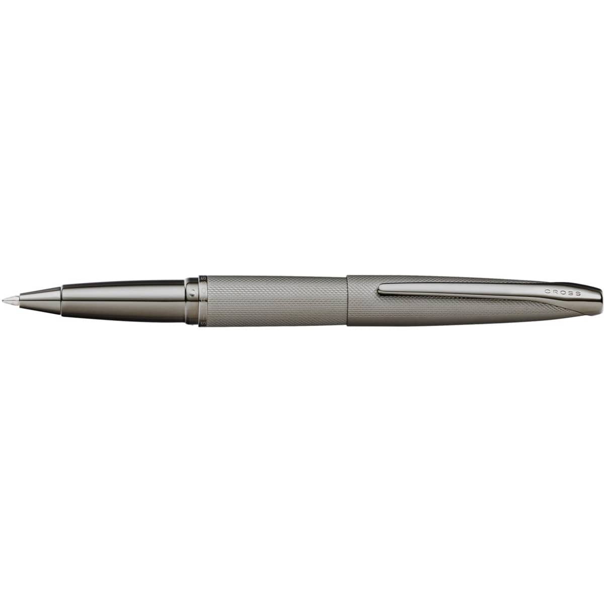 A pen in titanium grey with a textured finish and a clip, featuring a brand logo.