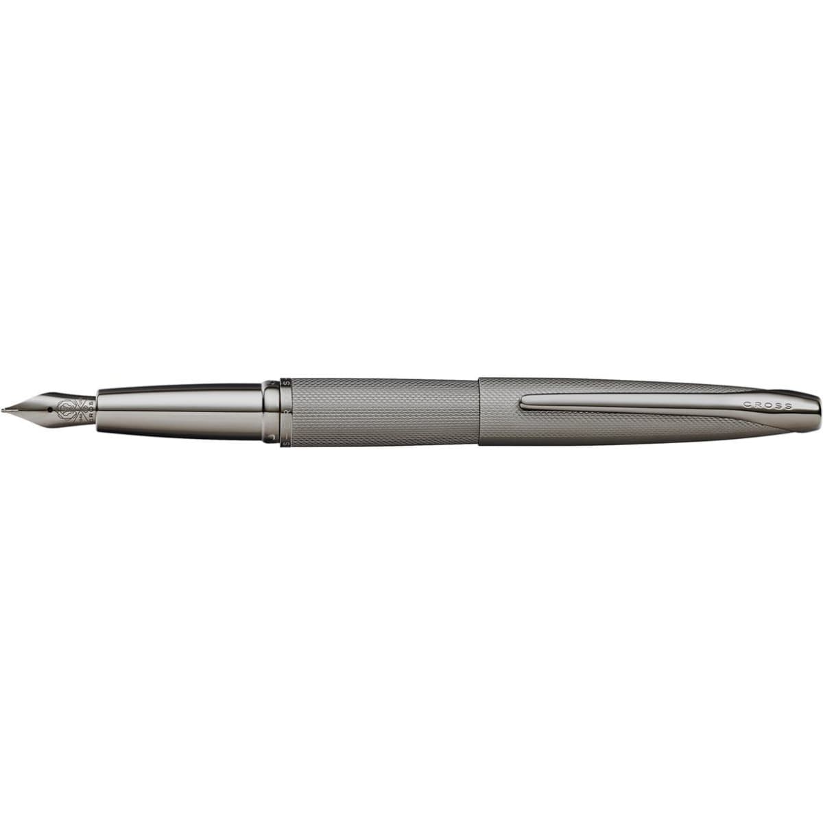 A fountain pen in titanium grey with a textured grip and a silver clip, featuring a logo on the body.