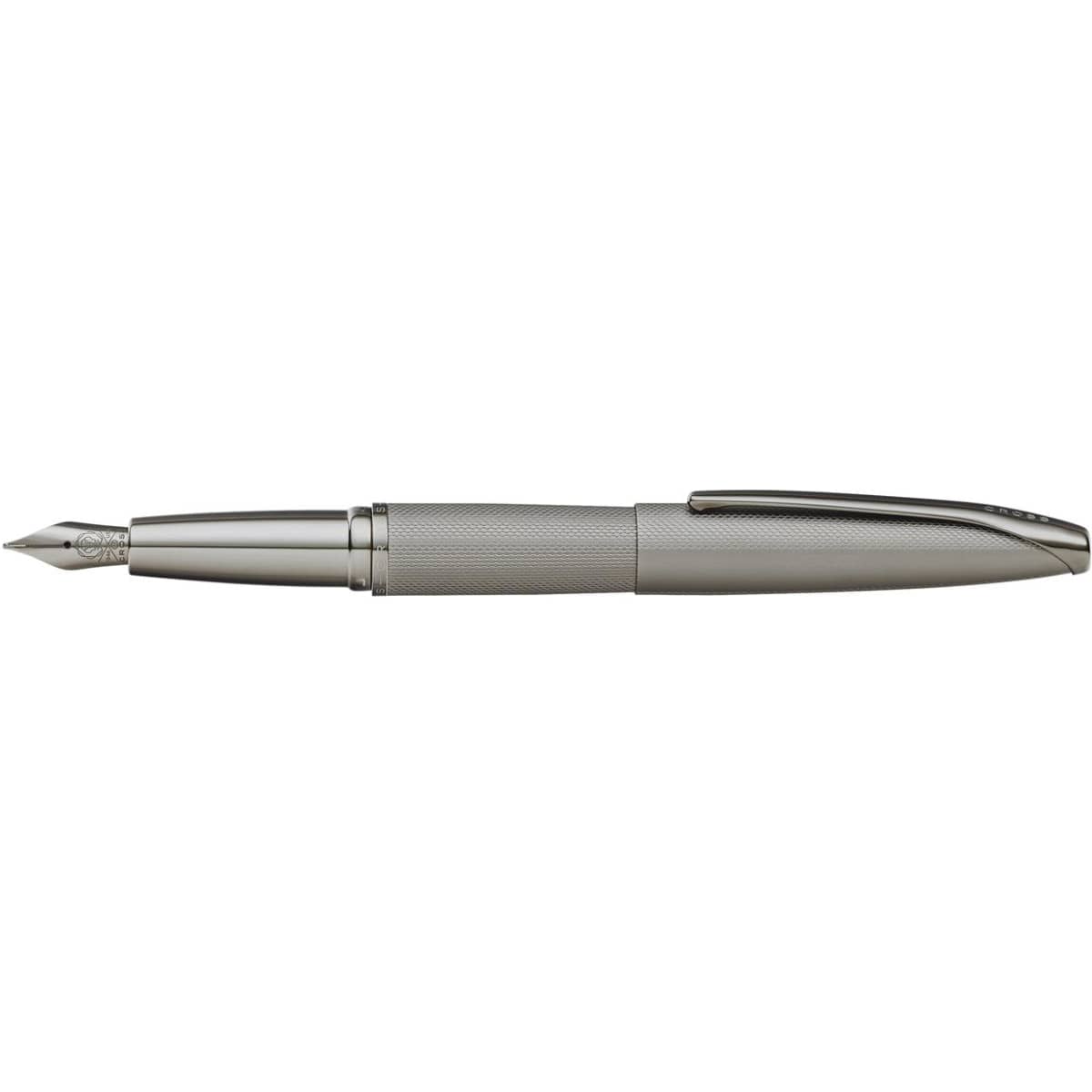 A fountain pen in sandblast titanium grey with a textured grip and a clip, featuring a decorative nib.