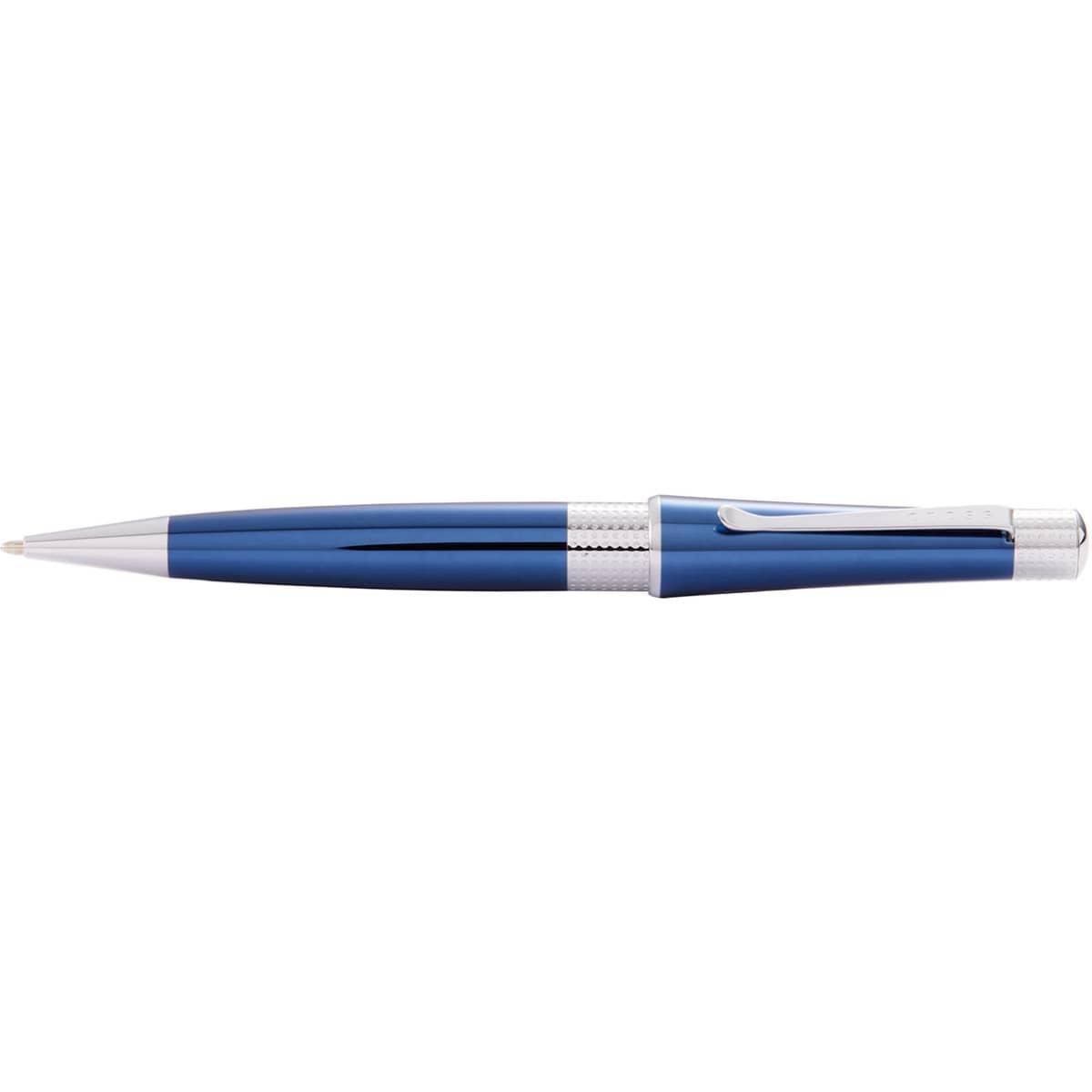 A blue lacquer and chrome ballpoint pen with a sleek design and a logo on its body.
