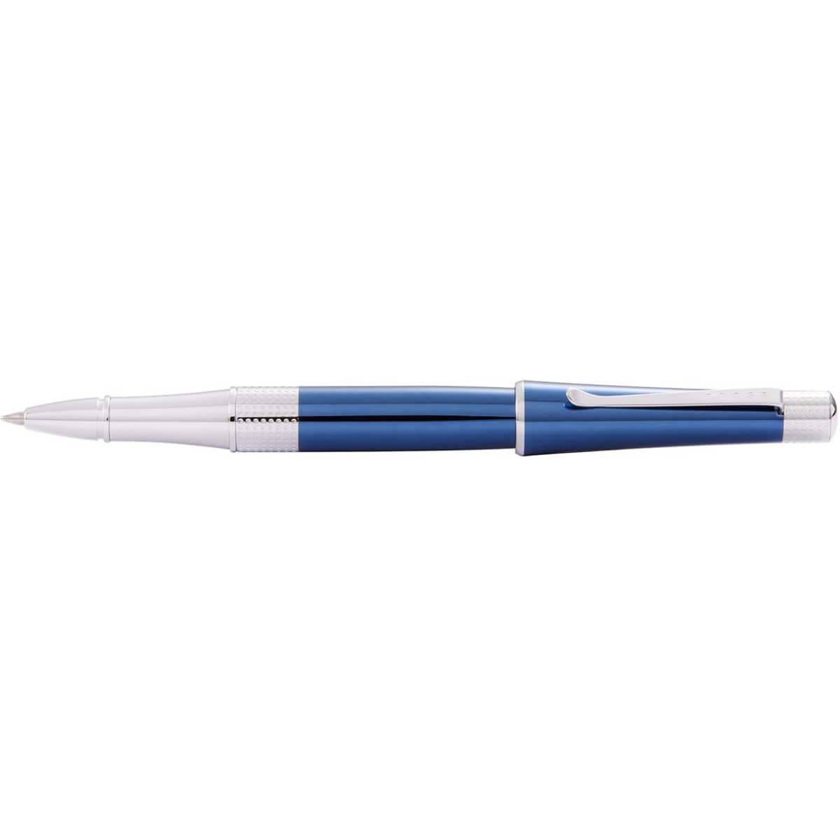 A pen in blue lacquer and chrome, featuring a sleek design with a branding logo on the barrel.