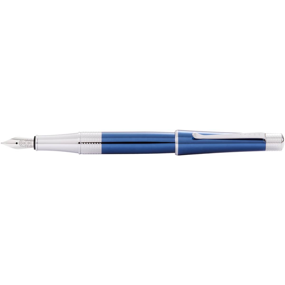 A fountain pen featuring a blue lacquer body with chrome accents and a silver nib. It has a logo on the cap.