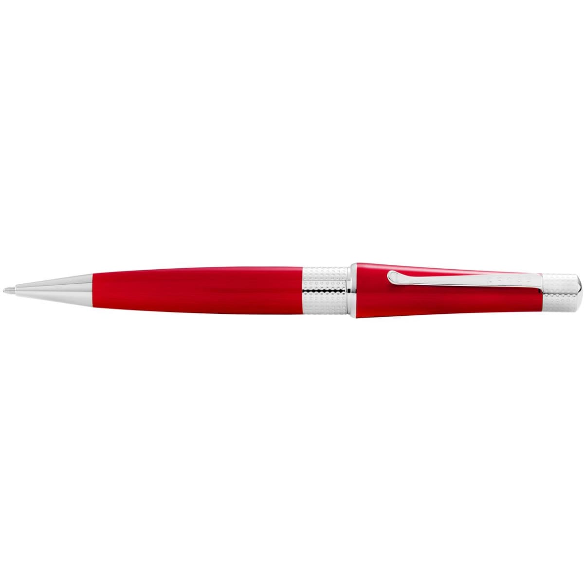 A red pen with chrome accents and a sleek design, featuring a clip and a smooth barrel.