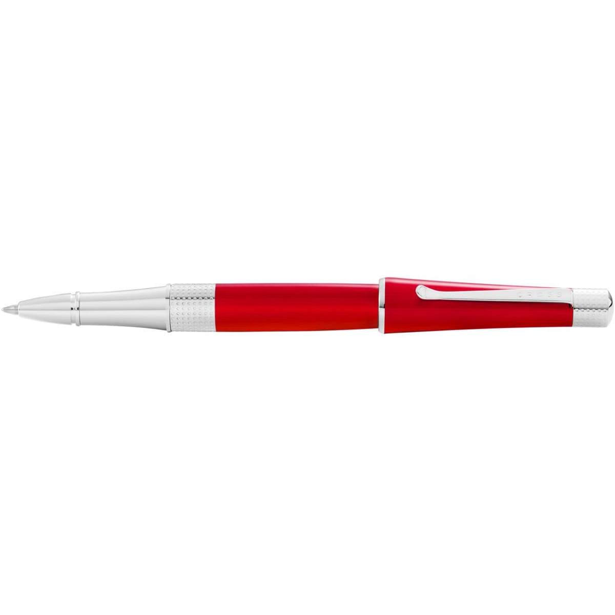 A pen with a red lacquer barrel and chrome accents, featuring a sleek design and branded logo.