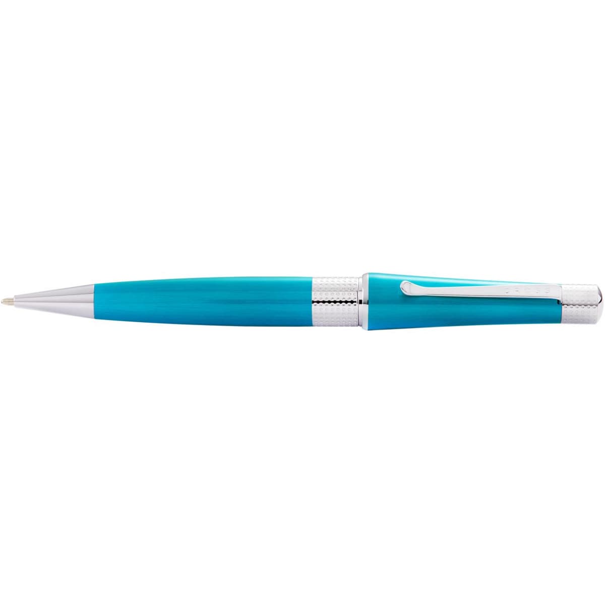 A pen with a teal lacquer body and chrome accents, featuring a clip and a smooth writing tip.