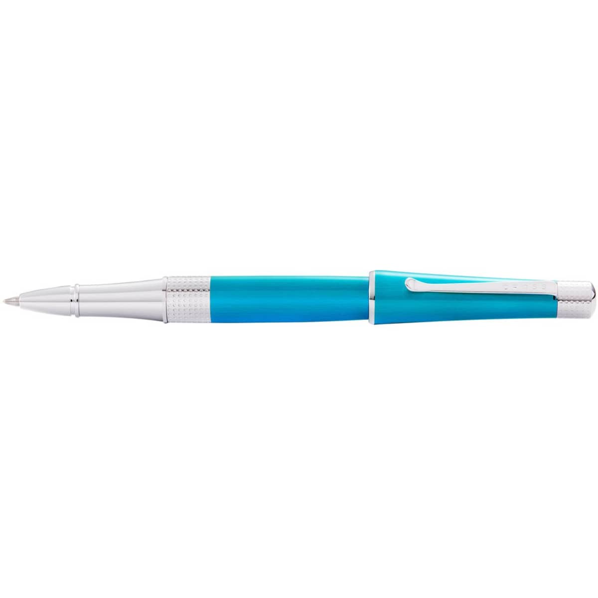 A pen in teal lacquer with chrome accents and a branded clip.