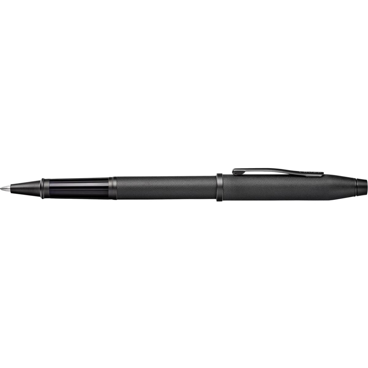 A black pen with a micro knurl texture and a matte black finish, featuring a clip and branding.