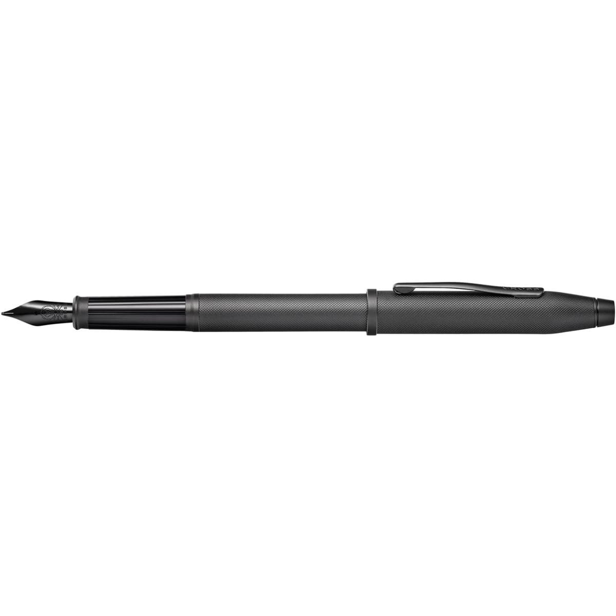 A fountain pen in black with a textured grip and a glossy black nib, featuring a clip on the side.