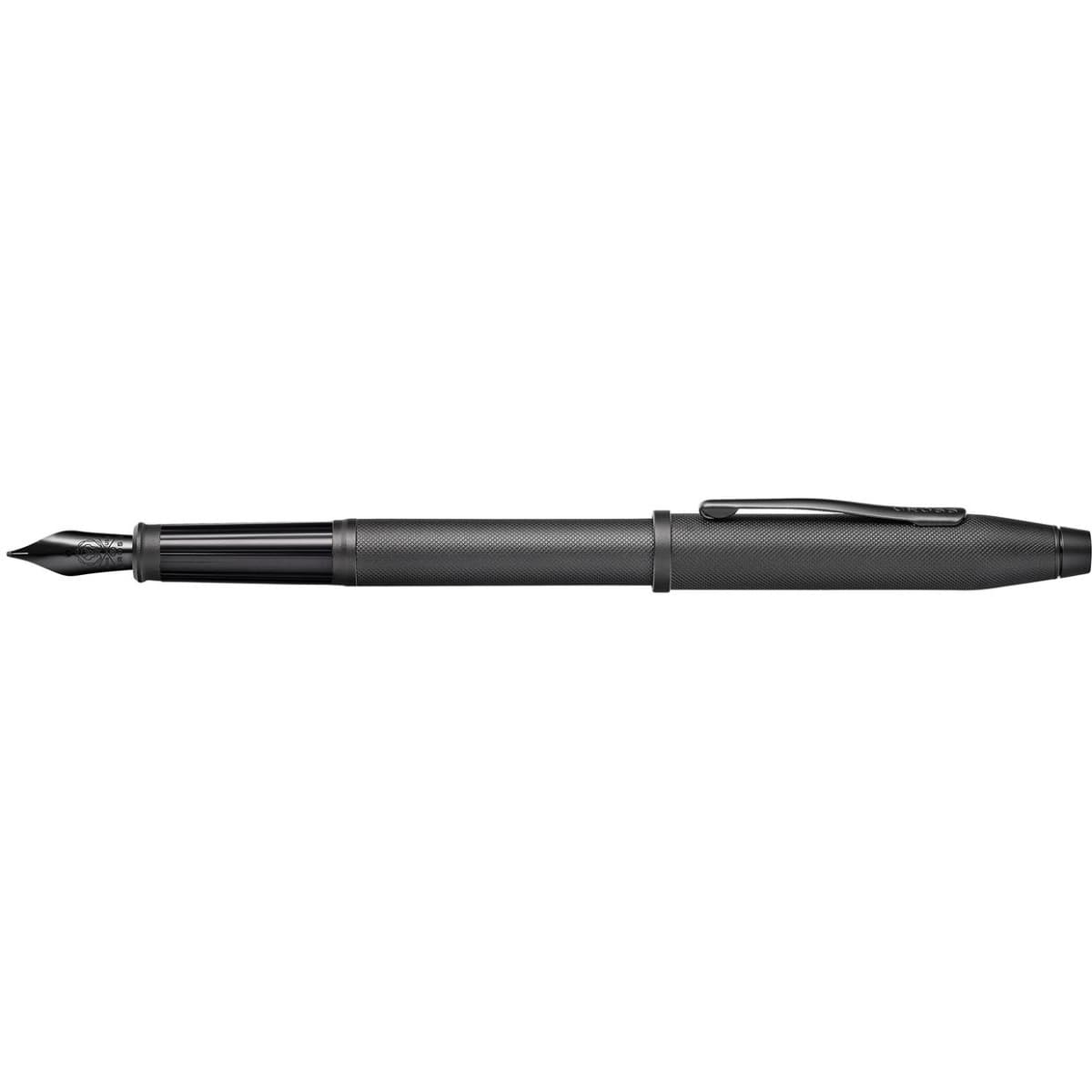 A fountain pen with a micro knurl textured grip and matte black finish, featuring a sleek design and a clip.