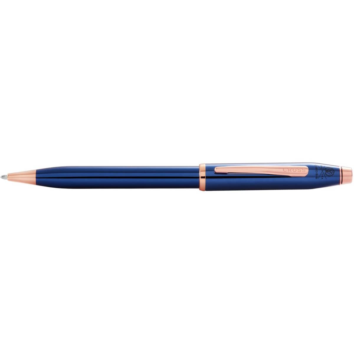 A blue lacquer ballpoint pen with rose gold accents and a branding logo.
