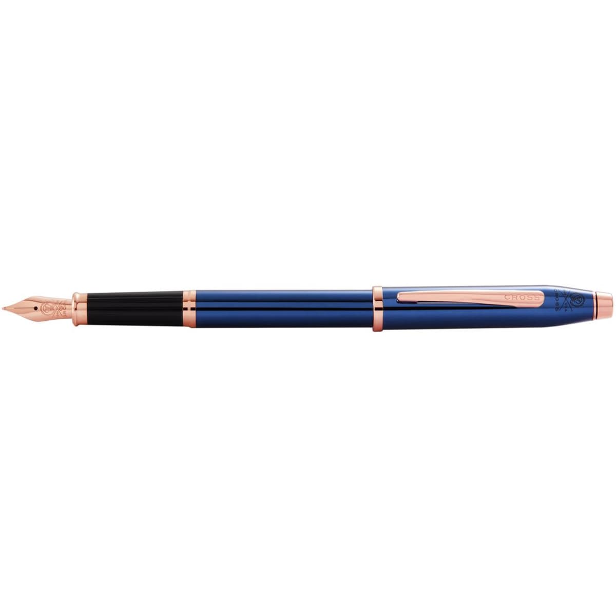 A fountain pen featuring a cobalt blue lacquer finish and rose gold accents, with a branding logo.