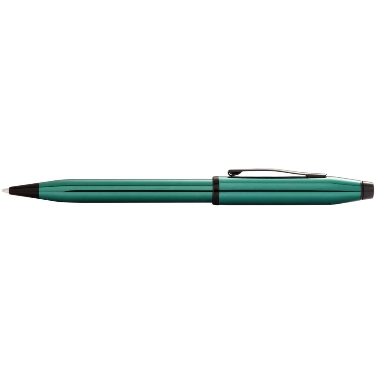 A green lacquered pen with a black clip, featuring a sleek and shiny design. It includes branding on the barrel.