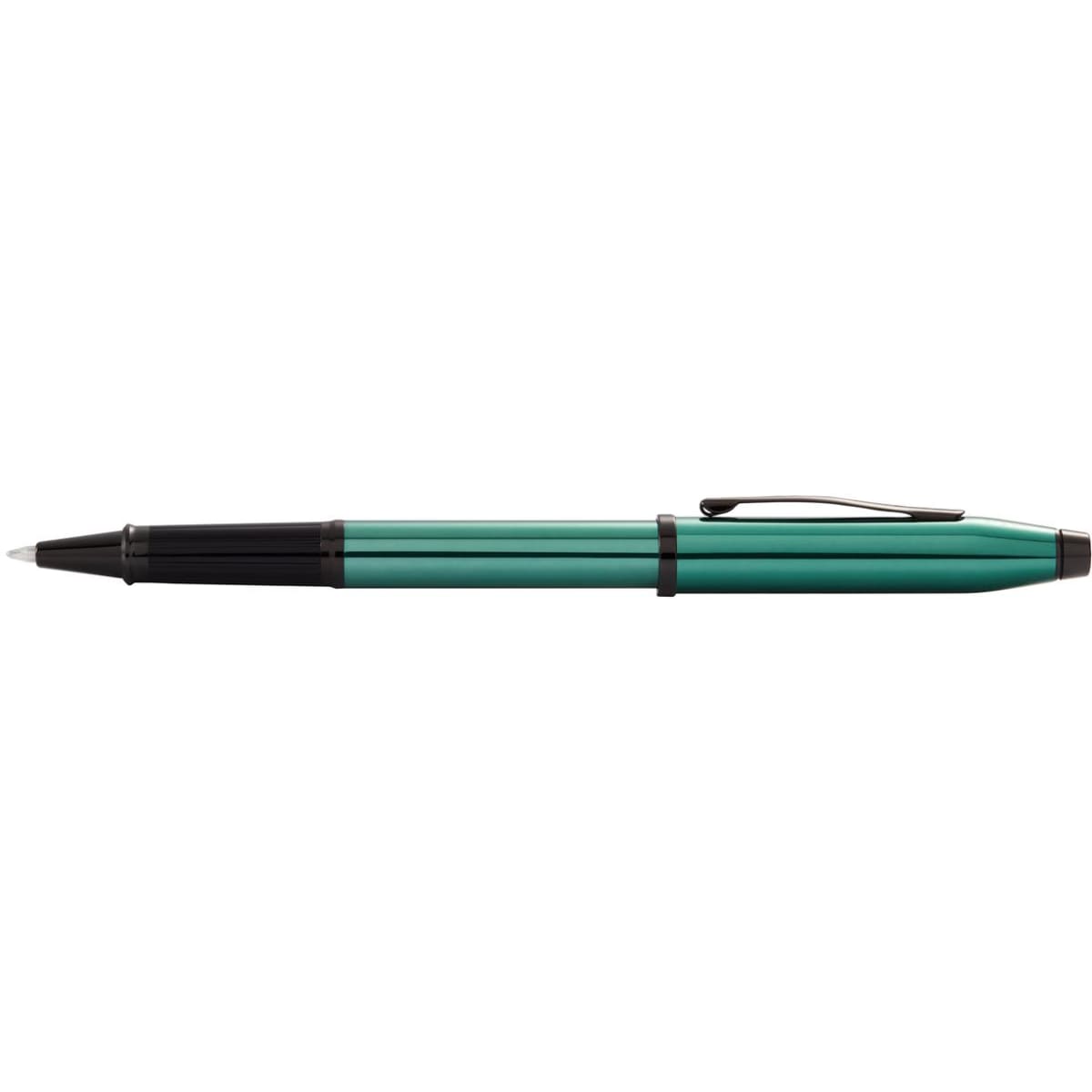 A green lacquer and black pen with sleek design and a clip, featuring a logo.