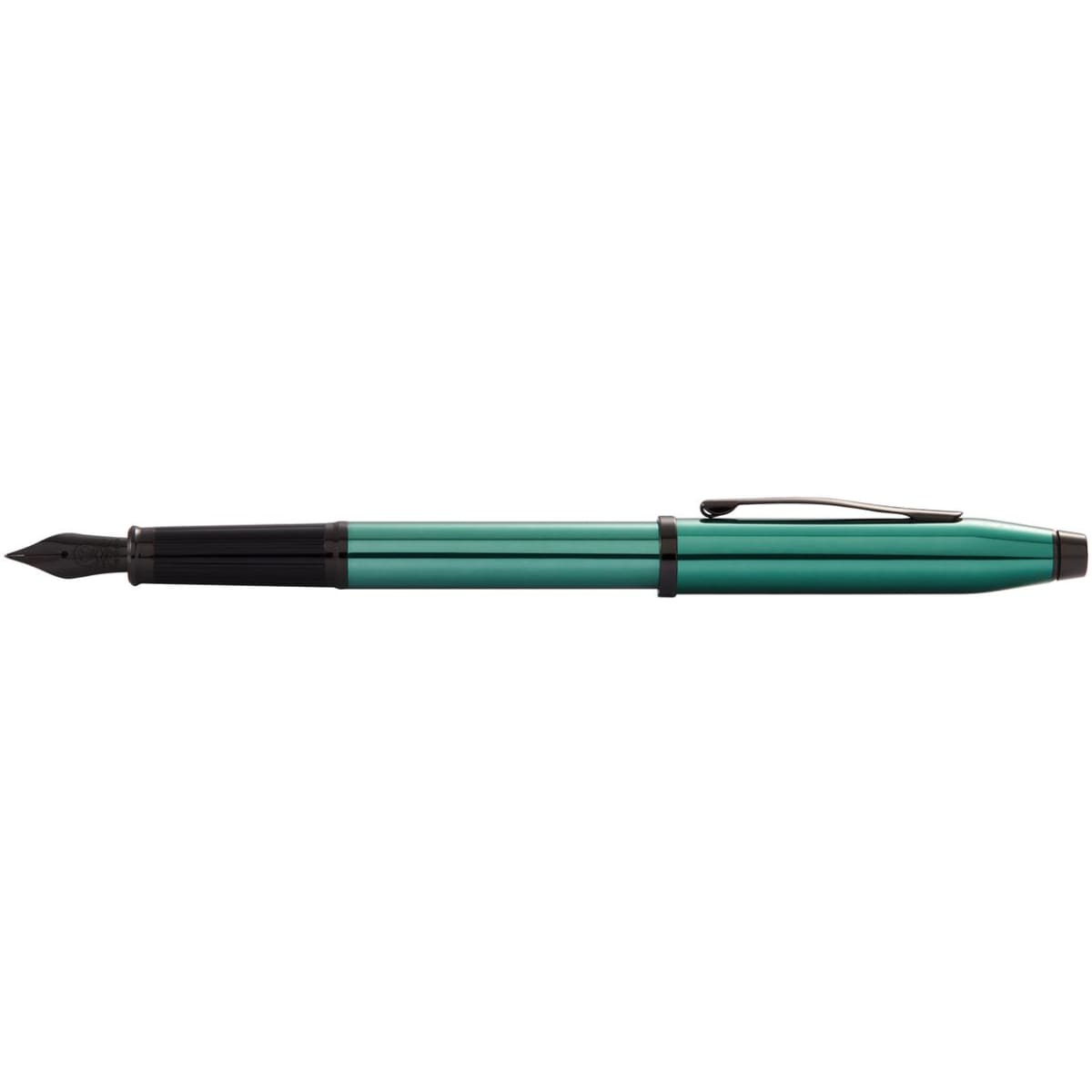 A green lacquer fountain pen with a black clip, featuring a distinct nib and a sleek design.
