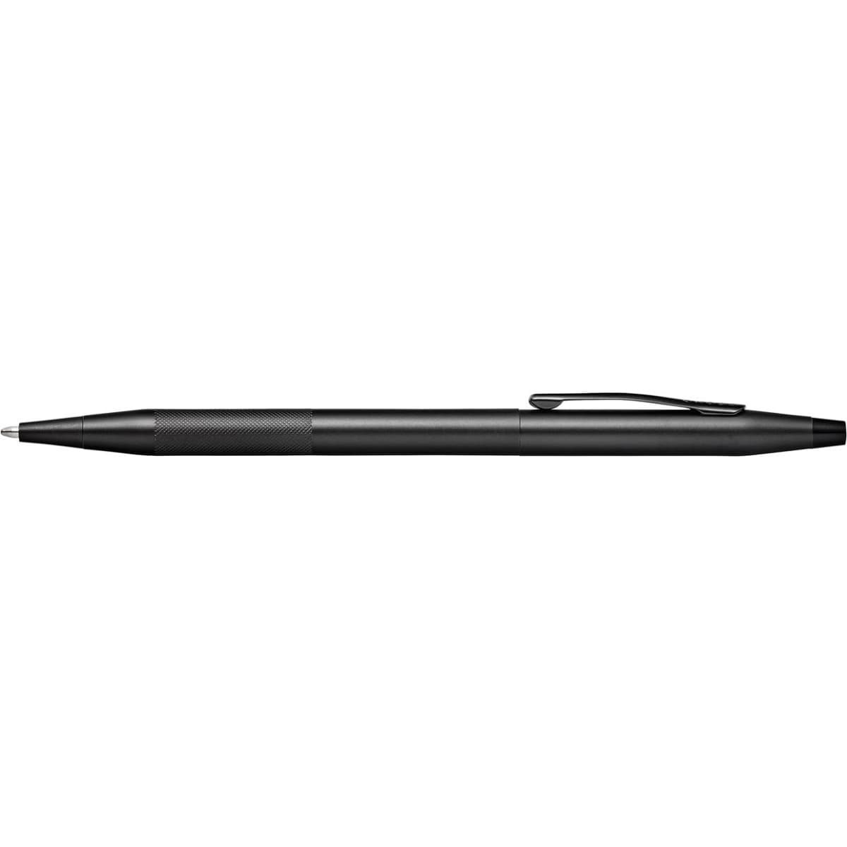 A black pen with a micro knurl grip and a clip. It has a sleek, modern design and features a branding logo.